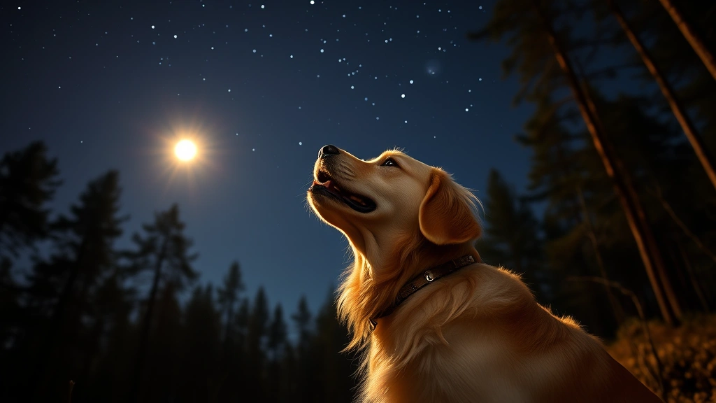 Golden retriever howling at night under moonlight, head tilted back, peaceful forest setting with trees silhouetted against starry sky