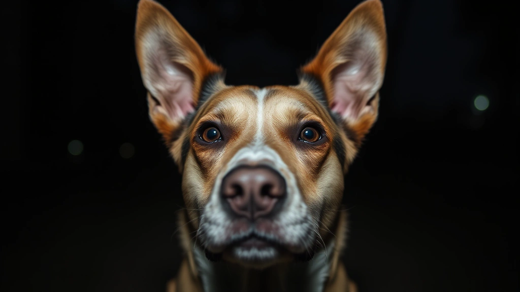 Close-up of dog's face showing alert expression during nighttime, ears perked up, dark background with subtle ambient light