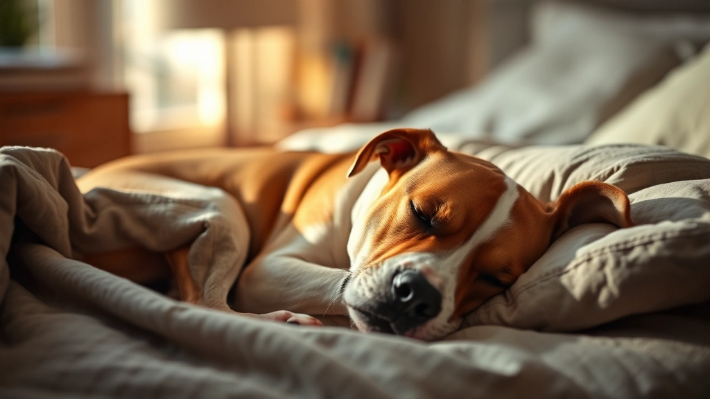 Dog sleeping peacefully in cozy bed with soft lighting, relaxed posture, comfortable bedroom environment with warm tones