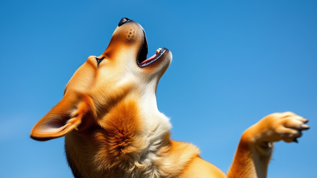 Dog howling with head tilted back against blue sky background no text no words no letters