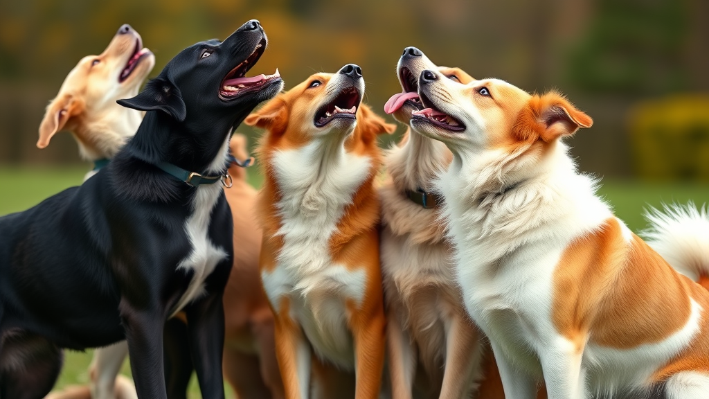 Multiple dogs of different breeds howling together in pack formation no text no words no letters