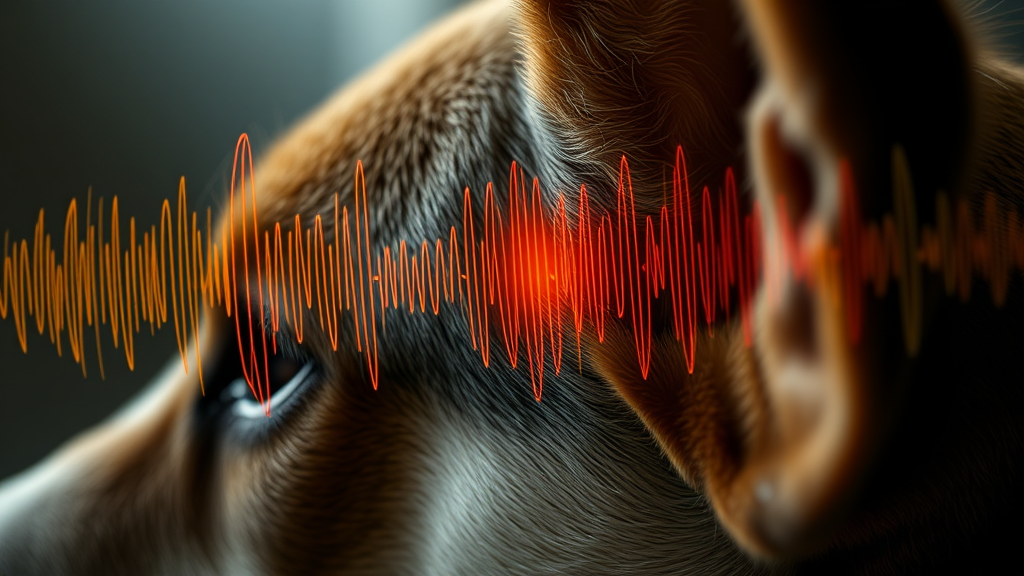 Close up of dog ear with sound waves visualization showing frequency sensitivity no text no words no letters