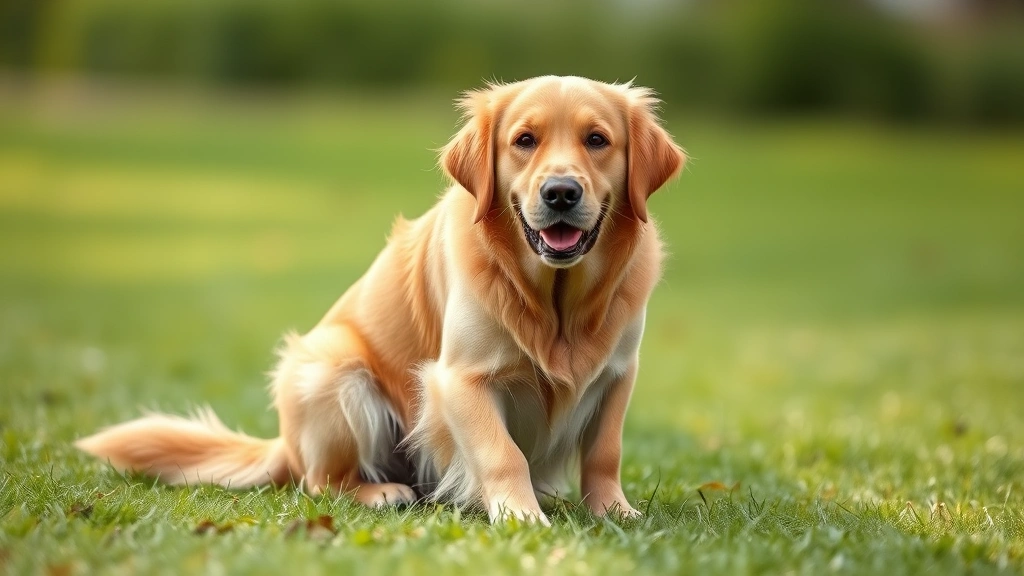 Golden Retriever mid-squat position on grass, focused expression, natural outdoor setting with soft green background, photorealistic style