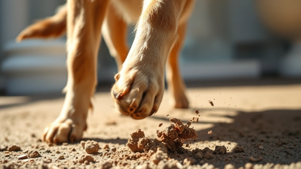 Close-up of dog's hind legs actively scratching and kicking ground after bathroom, dirt particles visible, energetic motion captured, sunny day lighting