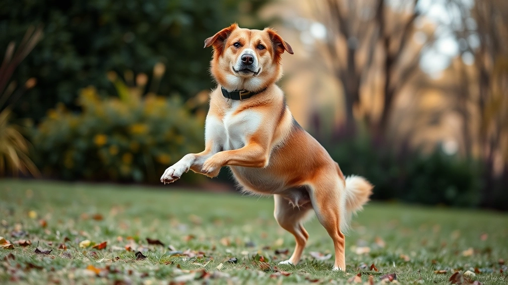 Dog contentedly standing with back legs stretched out, satisfied expression after ground kicking, garden or park background, peaceful moment captured