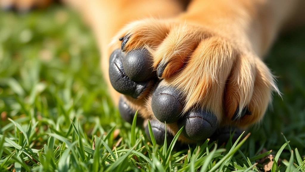 Close-up of dog's paw pads on grass, showing toe spacing and pad detail, natural daylight, clear paw texture