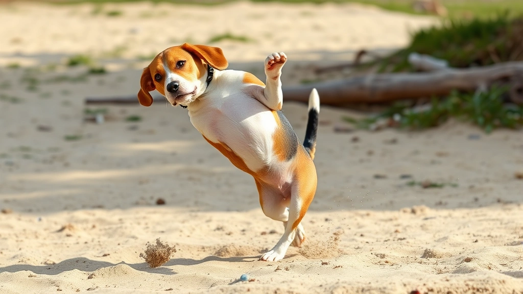 Beagle performing exaggerated kicking motion on sandy ground, rear legs extended, focused expression, natural outdoor environment