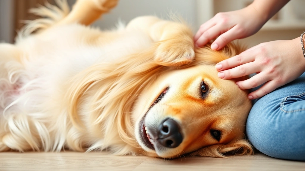 Happy golden retriever lying on side with back leg kicking in the air, owner's hand scratching their flank, dog's face showing contentment and relaxation