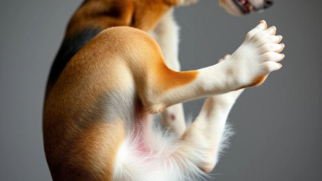 Close-up of a dog's hind leg muscles in motion during scratching reflex, showing the rapid kicking movement against a neutral background