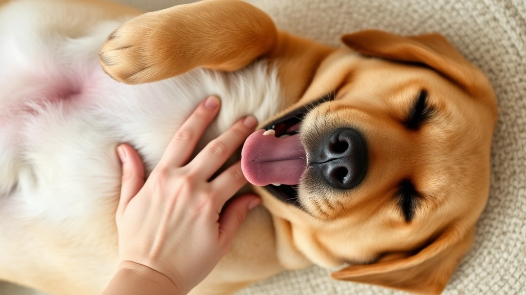Fluffy labrador on its back during a scratching session, tongue out happily with eyes closed, human hand gently scratching their belly area