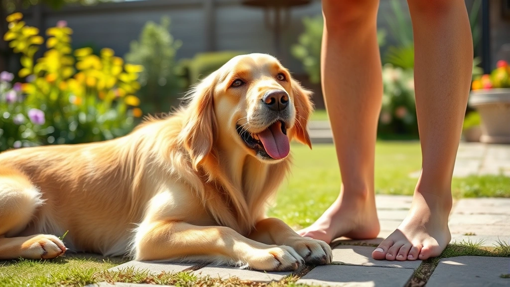 Happy golden retriever licking owner's bare feet, outdoor garden setting, bright natural daylight