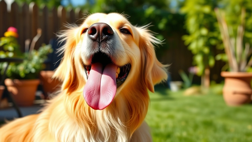 Golden retriever with tongue out, licking air in sunny backyard, happy expression, natural daylight