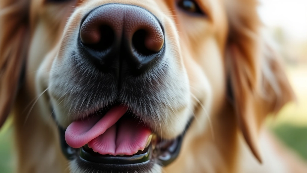Close-up of a golden retriever's face with tongue touching its black nose, outdoor natural lighting, soft background blur
