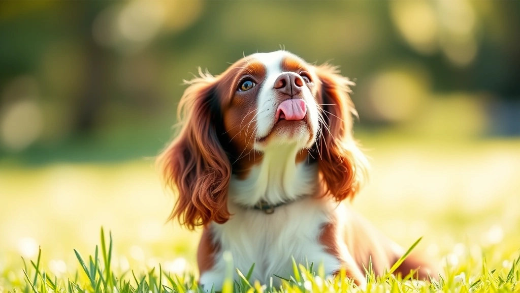 A brown and white spaniel sitting in grass, licking its nose with eyes focused upward, bright daylight, bokeh background