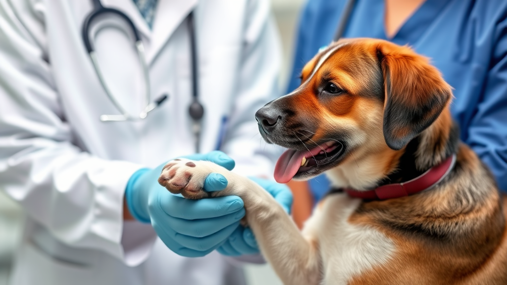 Veterinarian examining dog's paw in clinical setting, no text, no words, no letters
