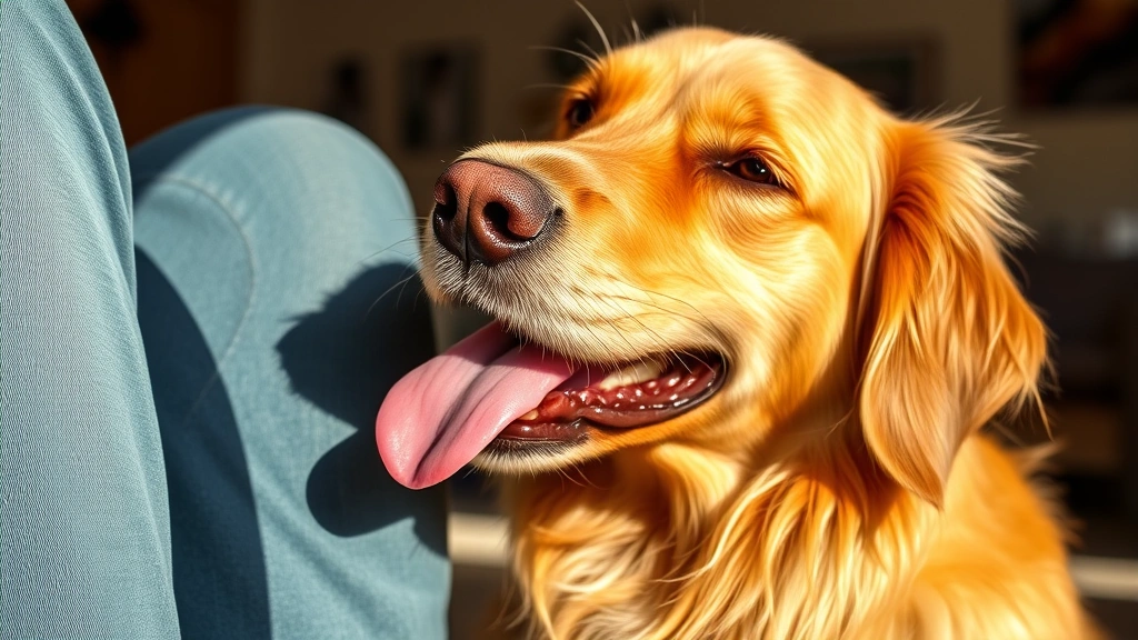 Golden retriever joyfully licking owner's leg, close-up of happy dog face with tongue out, sunlit indoor setting, warm affectionate moment