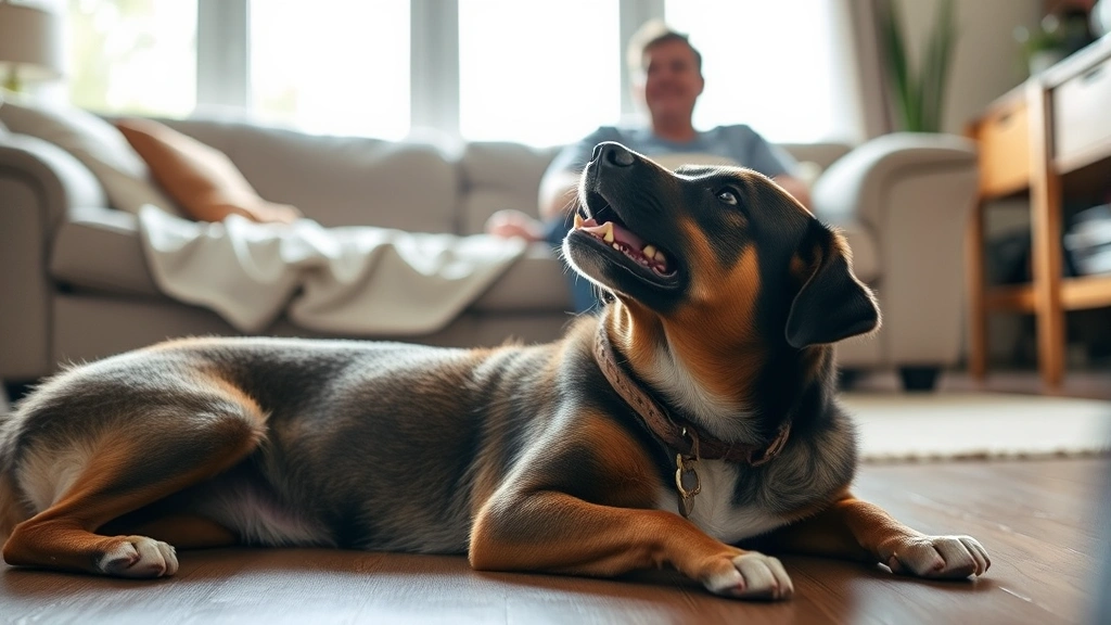 Dog lying on floor looking up at person sitting on couch, eager expression, natural home environment, soft afternoon lighting through windows