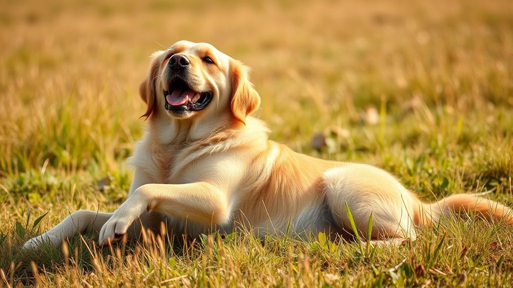 Happy golden retriever lying on back with belly exposed in sunny grass field, no text no words no letters