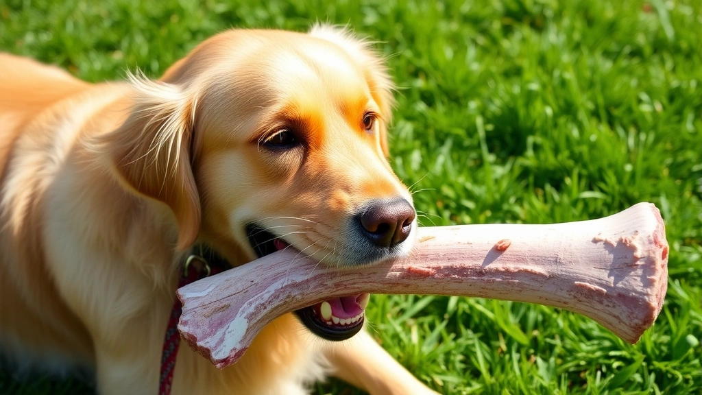 Golden Retriever happily chewing on a large raw bone outdoors in natural sunlight, focused expression, lush green grass background