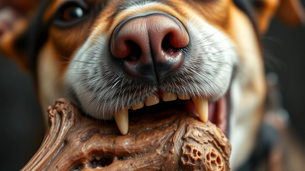 Close-up of a dog's jaw and teeth working on a bone, showing muscle engagement and concentration, detailed dental view