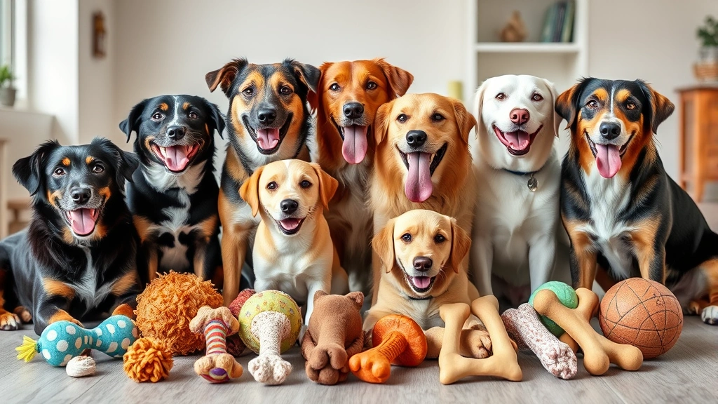 Multiple dogs of different breeds sitting together with various safe chew toys and bones arranged in front, happy expressions, bright indoor setting