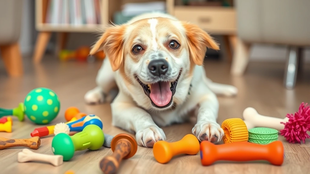 Happy medium-sized dog playing with various safe chew toys and alternatives to bones, colorful toys scattered on floor