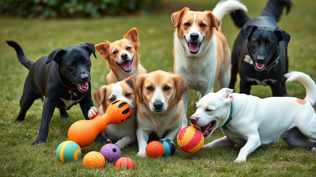 Multiple dogs of different breeds playing with various squeaky toys on grass outdoors no text no words no letters