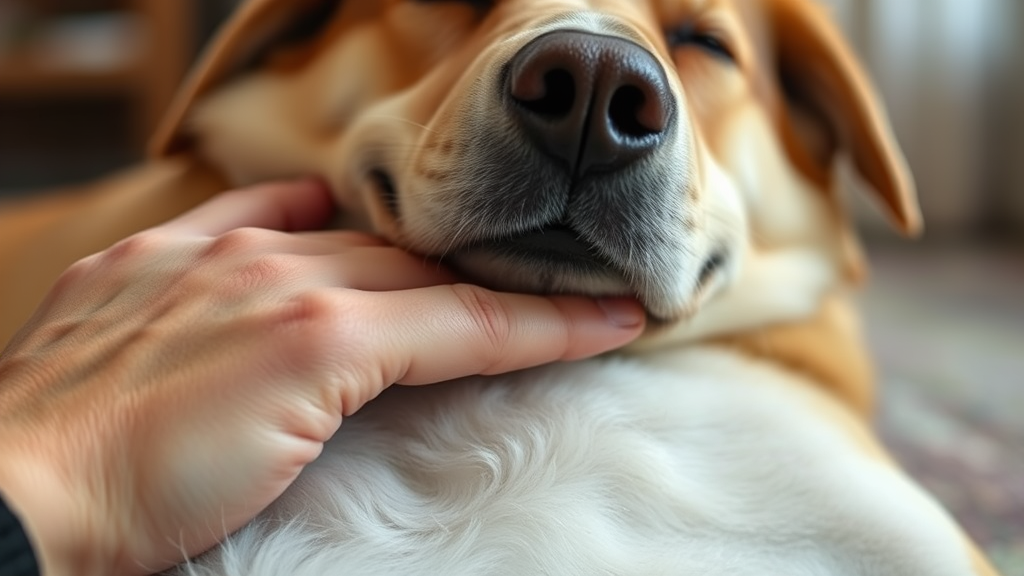 Close up of human hand gently rubbing dog belly, relaxed dog expression, warm indoor setting, no text no words no letters