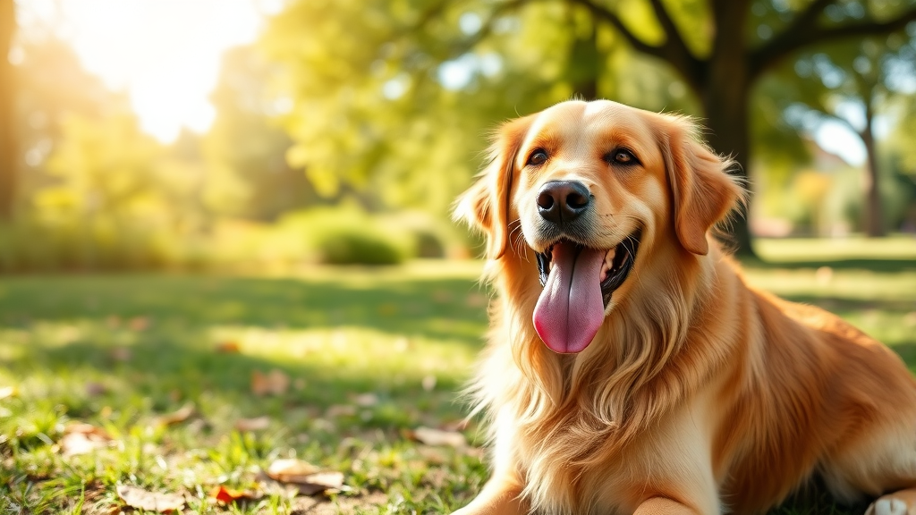 Happy golden retriever dog panting with tongue out sitting in sunny park, no text no words no letters