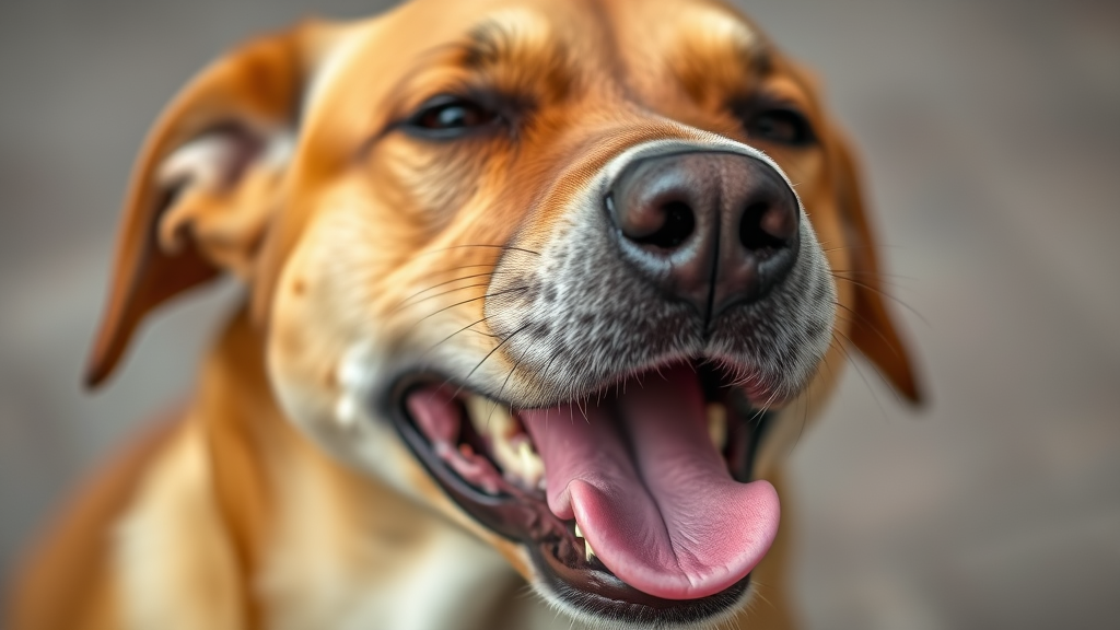 Close up of dog breathing heavily with open mouth showing natural panting behavior, no text no words no letters