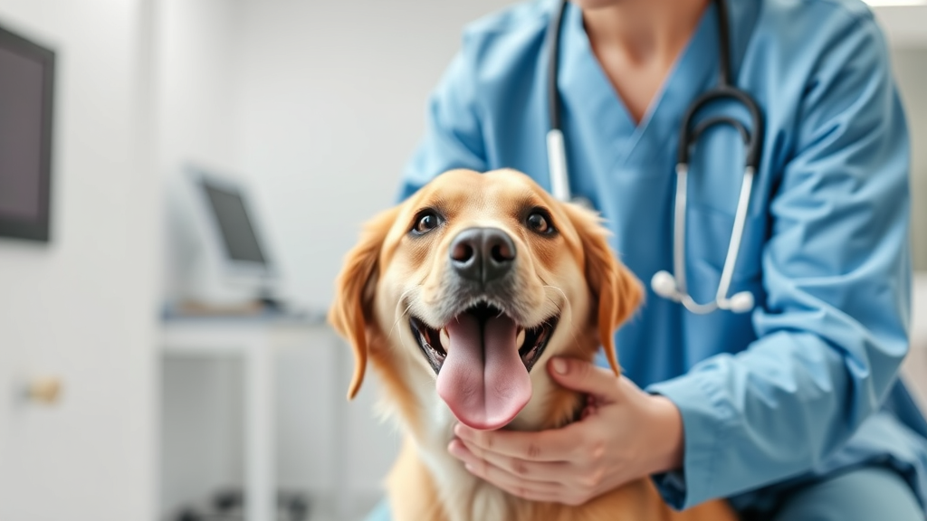 Veterinarian examining panting dog with stethoscope in modern clinic setting, no text no words no letters