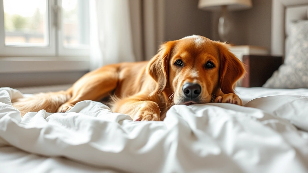 Golden retriever lying on white bed sheets, relaxed and comfortable, natural daylight from window, cozy bedroom setting