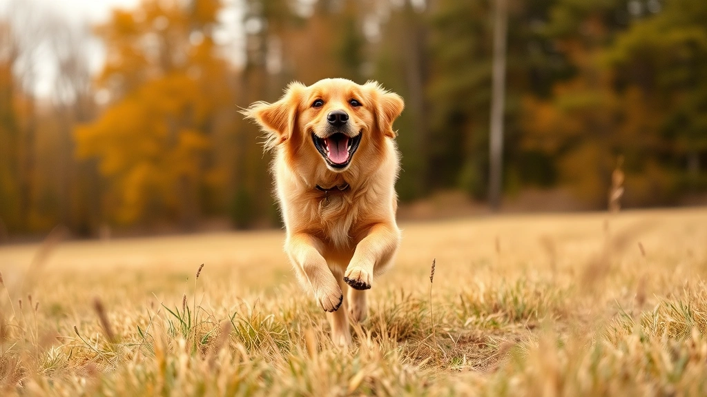 Golden retriever playing in grass field with trees background, joyful dog running outdoors