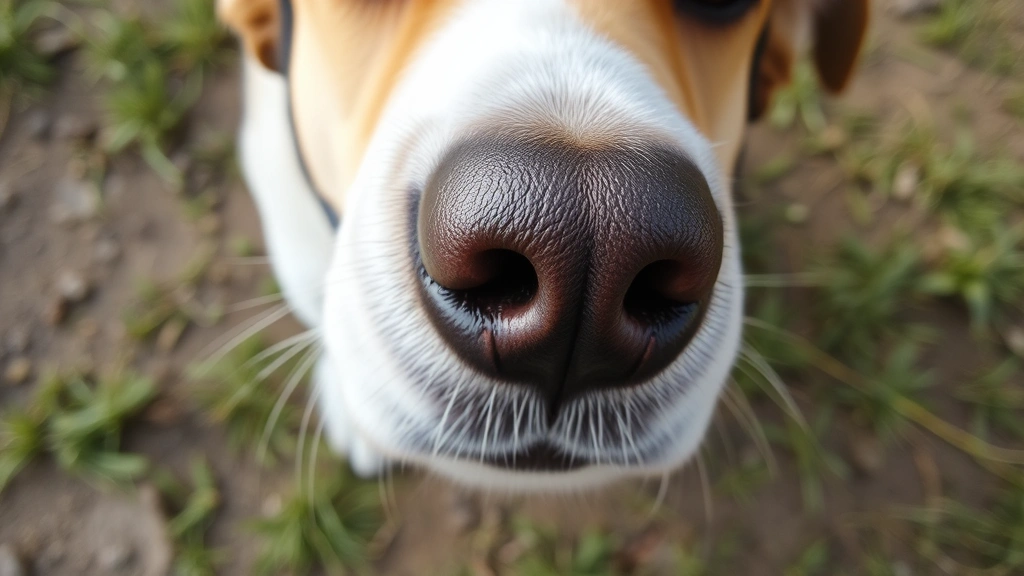 Close-up of dog's nose and face in natural outdoor setting with grass and earth textures