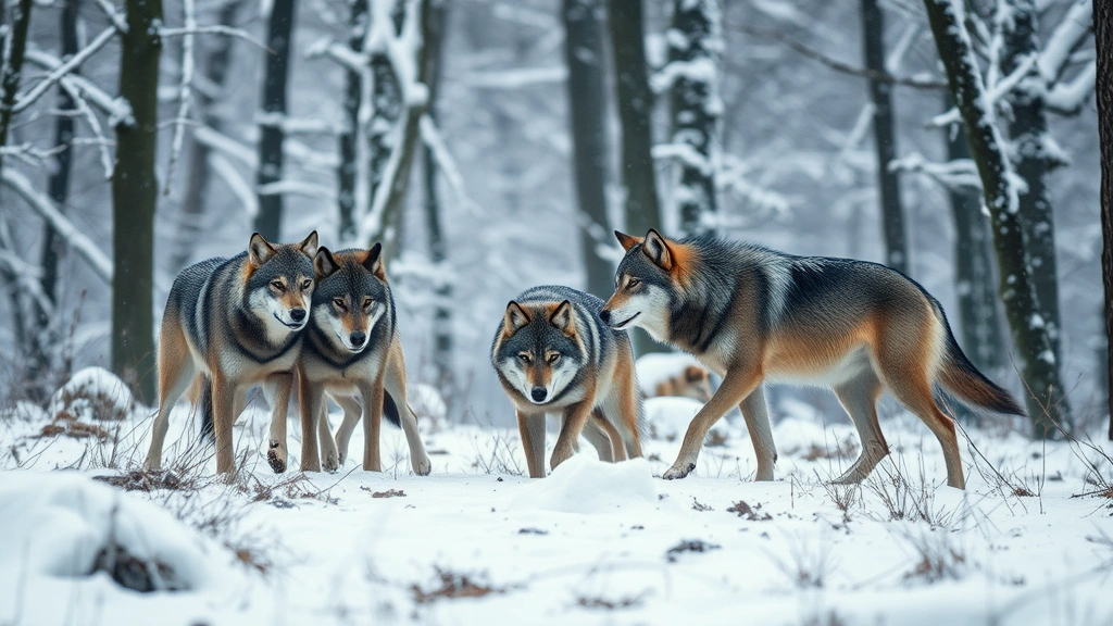 Pack of wild wolves in snowy forest landscape, hunting behavior and natural predatory instincts demonstrated