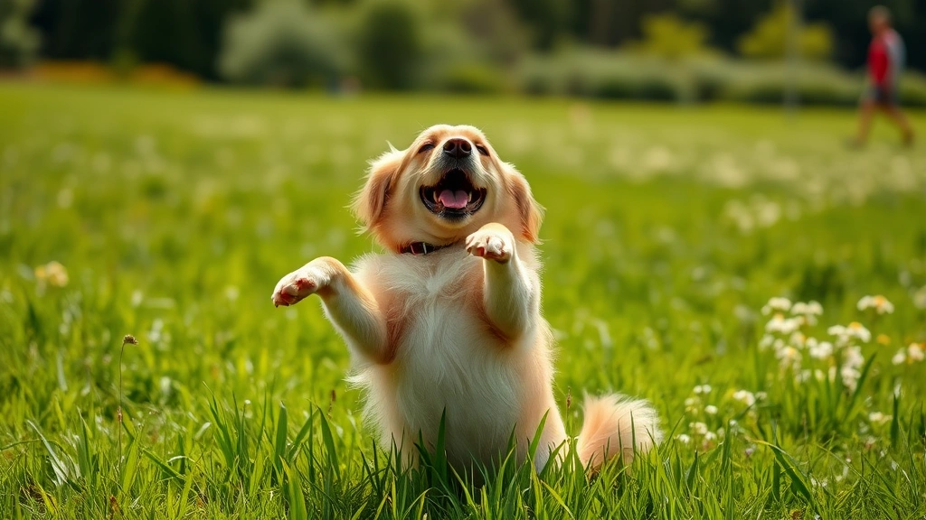 Golden Retriever rolling on back in lush green grass with joy, legs in air, sunny day, outdoor meadow setting