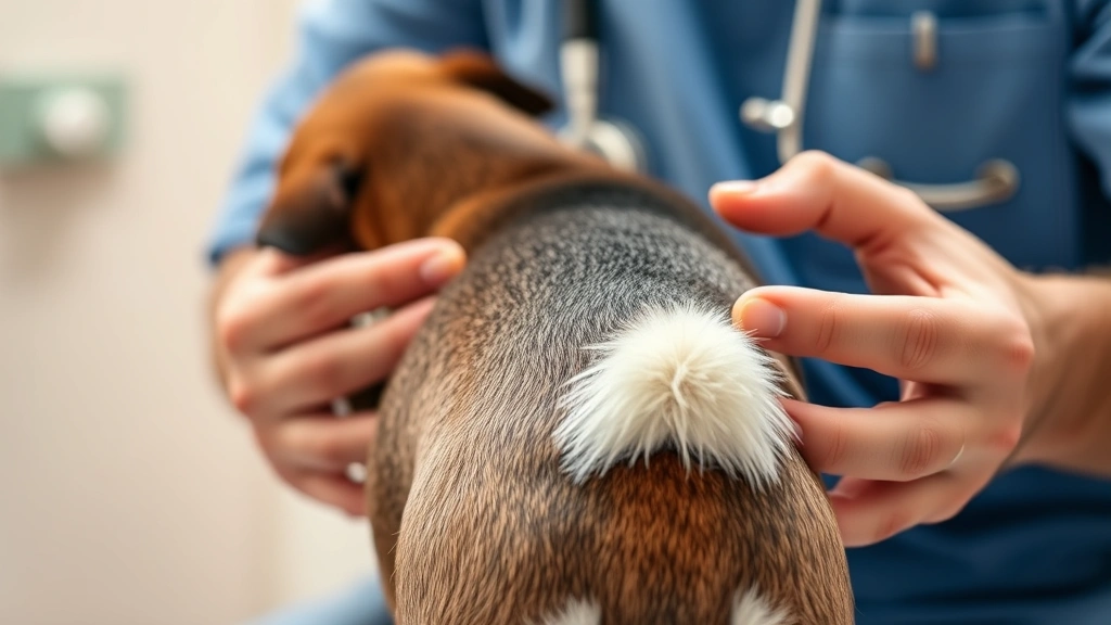 Close-up of a veterinarian's hands gently examining a small dog's rear area during a check-up, clinical setting with soft warm lighting