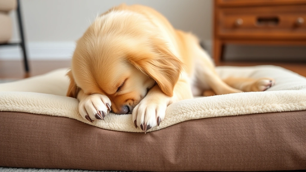 Golden Retriever dog scratching and digging at a plush orthopedic dog bed with front paws raised, showing natural nesting behavior before settling down to sleep