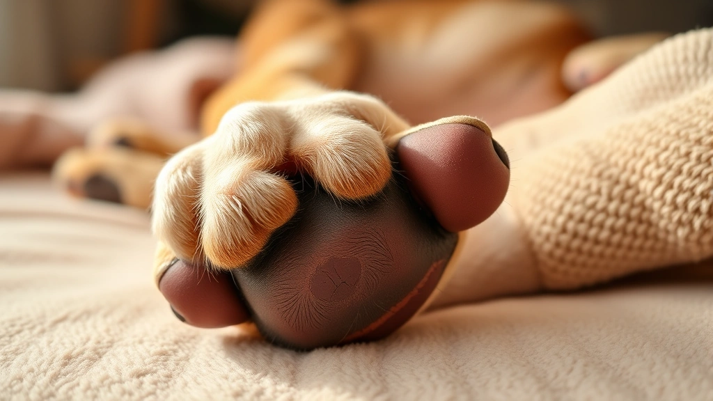Close-up of a dog's paw pads on a comfortable bed surface, showing the sensitive scent glands as the dog prepares to rest, warm indoor lighting