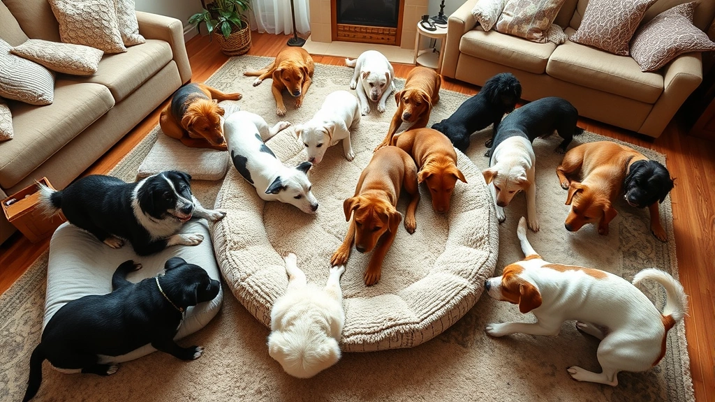 Multiple dog breeds of different sizes and colors circling and pawing at their beds in various comfortable home settings, demonstrating the universal scratching behavior across dog types