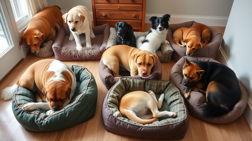 Multiple dogs of different breeds preparing their beds, scratching and circling behaviors, home environment, natural poses, no text no words no letters