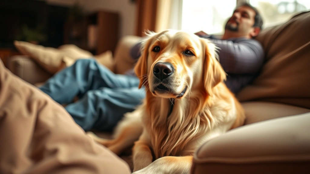 Golden Retriever sitting contentedly on owner's feet while person relaxes on couch, warm living room lighting, close-up of dog's face looking peaceful and happy