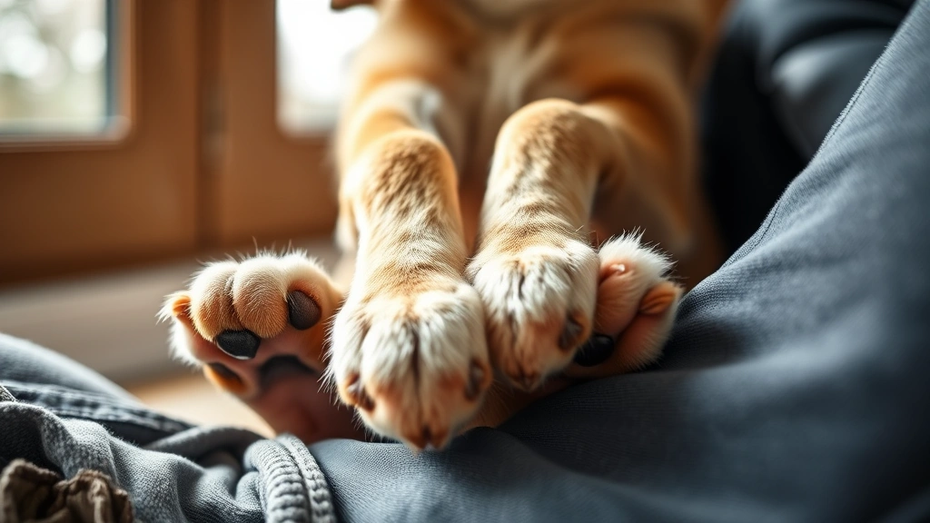 Close-up of dog's paws resting on owner's feet, sitting position, natural daylight from window, showing comfort and trust between dog and human