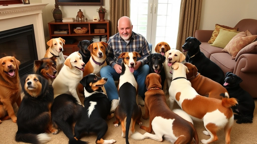 Multiple dogs gathered around owner's feet in living room, various breeds and sizes, cozy atmosphere, showing pack bonding and territorial behavior around human