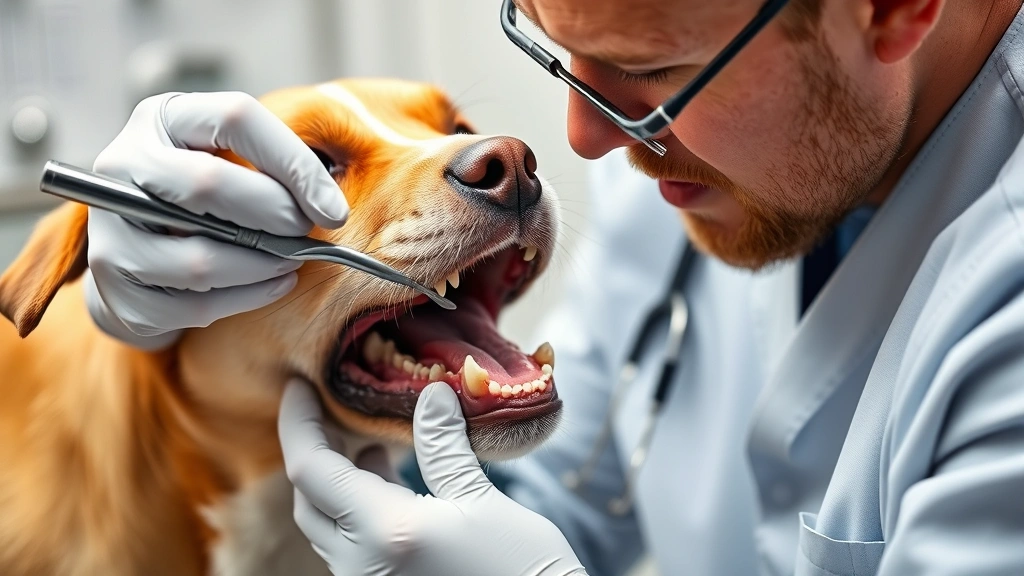 Veterinarian examining a dog's mouth with dental tools, showing professional dental care assessment, photorealistic medical setting