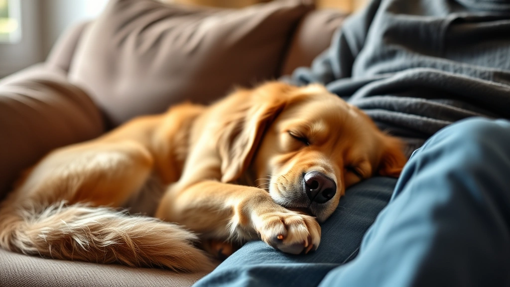 Golden retriever peacefully sleeping at owner's feet on a comfortable couch, warm lighting, cozy home setting