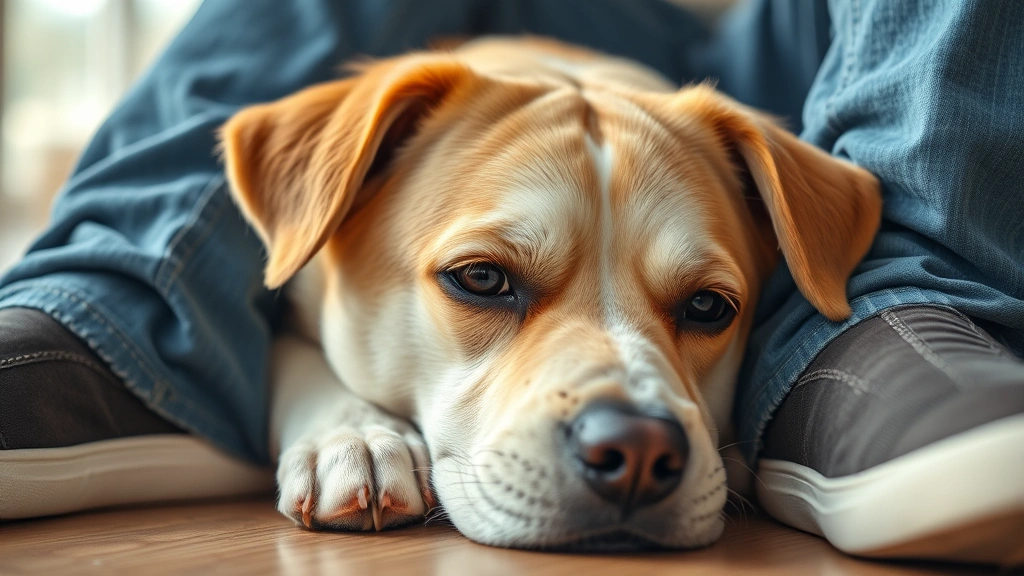 Close-up of dog's face resting on owner's feet with trusting expression, natural home lighting