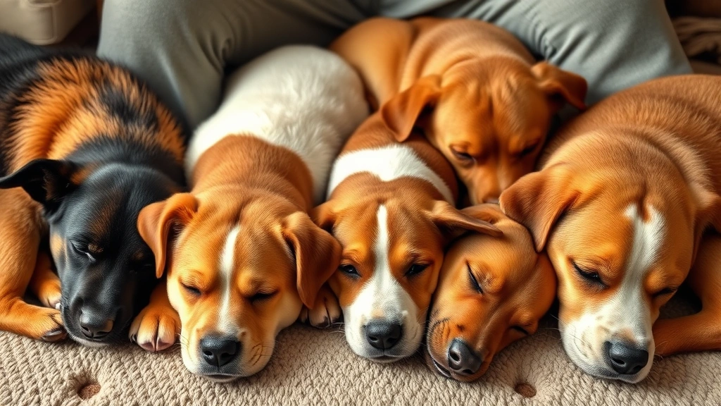 Multiple dogs of different breeds sleeping together at owner's feet, peaceful relaxed poses, soft natural lighting