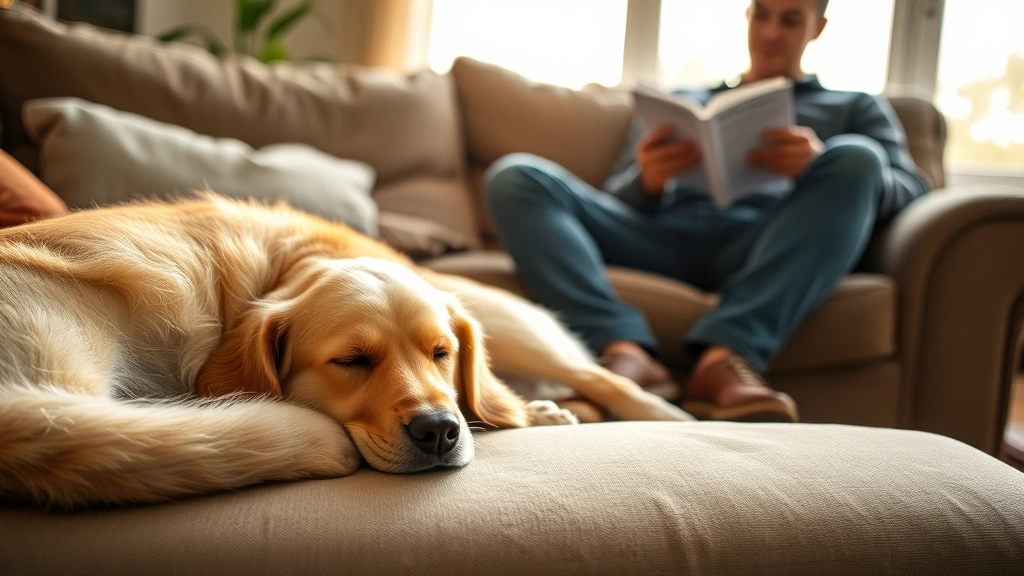 Golden Retriever sleeping peacefully on owner's feet while person sits on couch reading, warm afternoon lighting through window, cozy home interior, dog completely relaxed