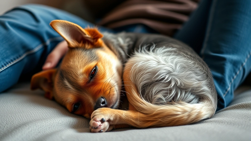 Close-up of small terrier dog curled up on person's feet, showing comfort and trust, soft natural lighting, intimate moment between dog and owner on couch